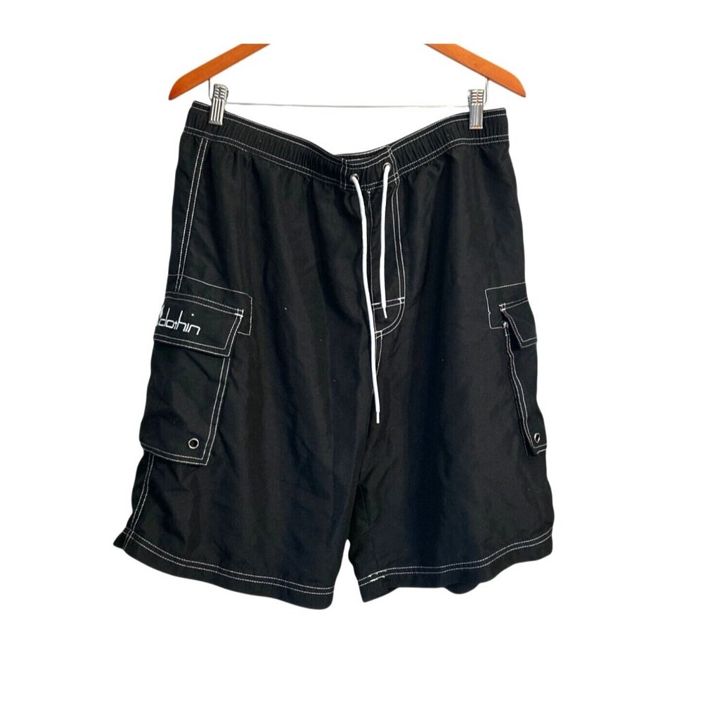Clothin Mens 34 Black Cargo Swim Shorts With Pockets & Drawstring Waist
